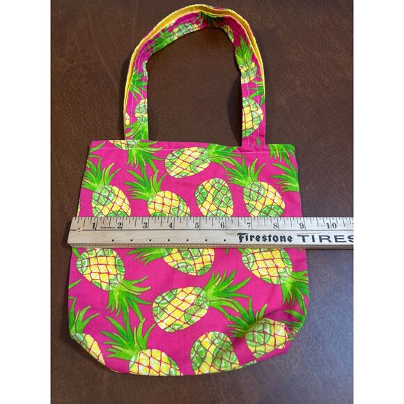 Pineapple Pink and Yellow Cotton Tote Bag Hand Made 9x9 Snap Button - Picture 2 of 4